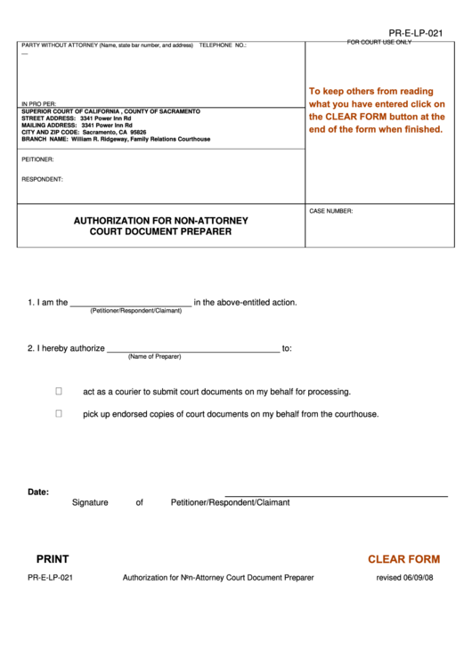 Fillable Form Pr-E-Lp-021 - Authorization Form For Non-Attorney Court Document Preparer Printable pdf