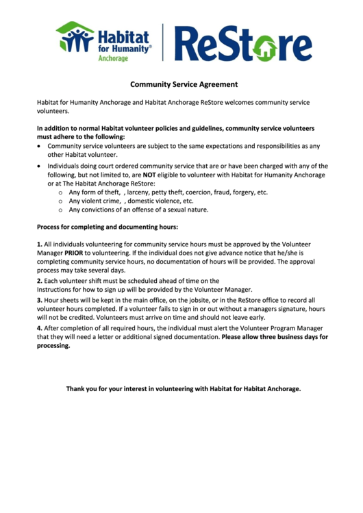 Community Service Agreement Form Printable pdf