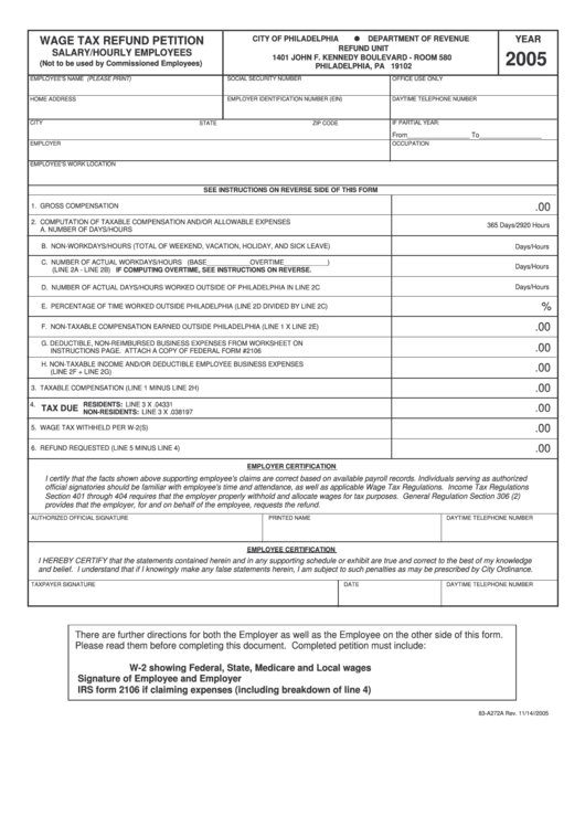 Form 83-A272a - Wage Tax Refund Petition Salary/hourly Employees - 2005 Printable pdf