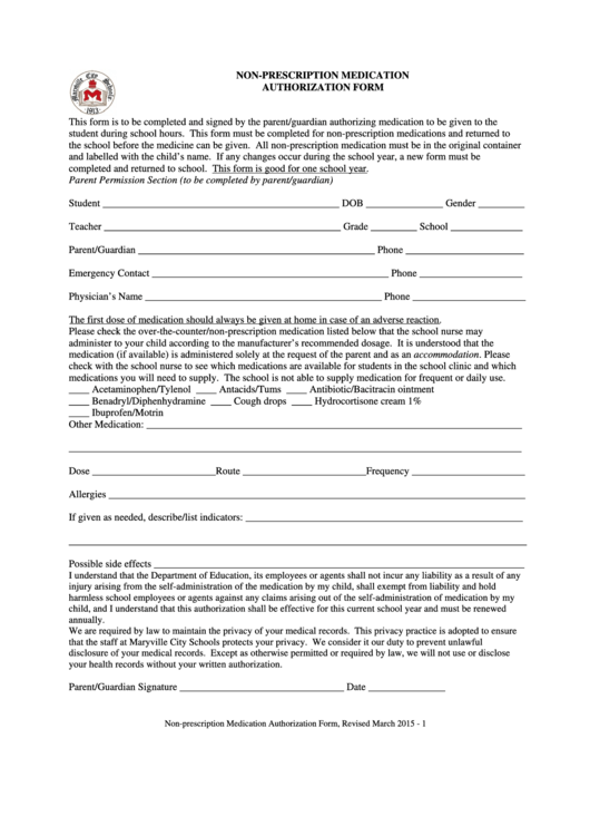 Non-Prescription Medication Authorization Form Printable pdf