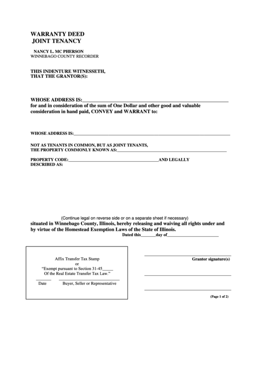 Warranty Deed Form For Joint Tenancy Printable pdf