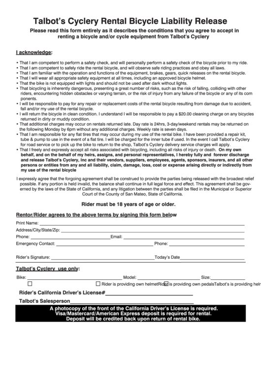 Rental Bicycle Liability Release Form Printable pdf