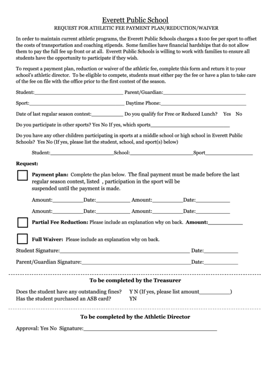 Request For Athletic Fee Payment Plan/reduction/waiver Form Printable pdf