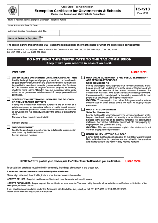 Fillable Form Tc-721g - Exemption Certificate Form For Government And Schools Printable pdf