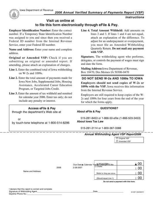 Form 44-007 - Annual Verified Summary Of Payments Report (Vsp) - 2006 Printable pdf