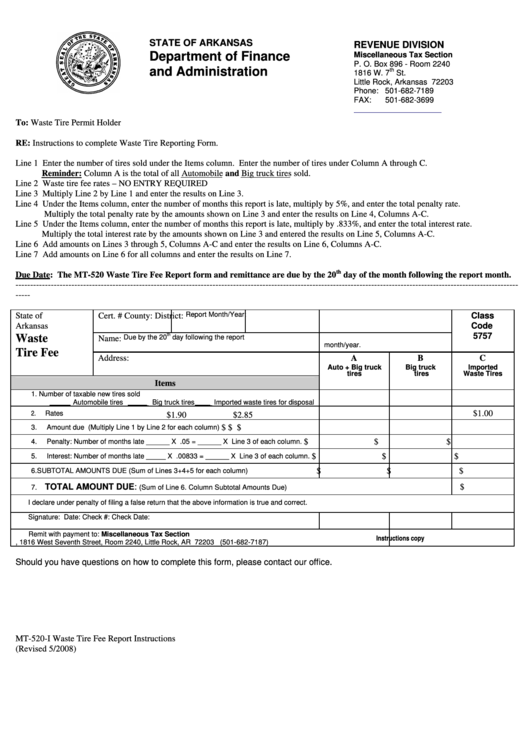 Form Mt-520-I - Waste Tire Fee Report Printable pdf