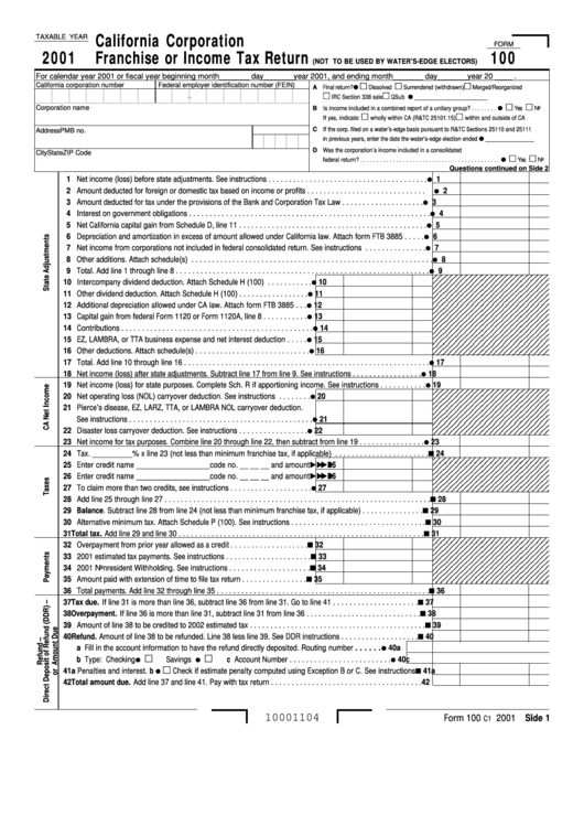 Form 100 - California Corporation Franchise Or Income Tax Return - 2001 Printable pdf
