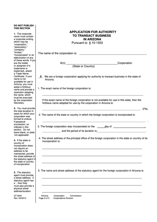 Form Cf:0024 - Application For Authority To Transact Business In Arizona - 2010 Printable pdf