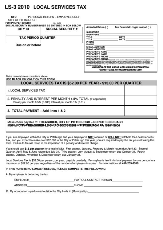 Form Ls-3 - Local Services Tax Personal Return - 2010 Printable pdf