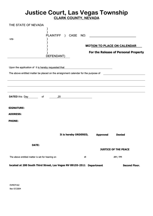 Fillable Motion For The Release Of Personal Property Form Printable pdf