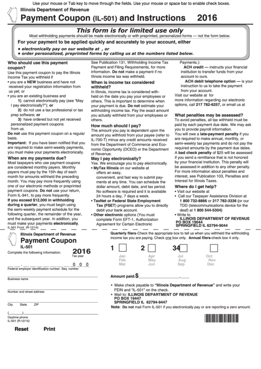 Form Il-501 - Payment Coupon And Instructions - 2016 Printable pdf
