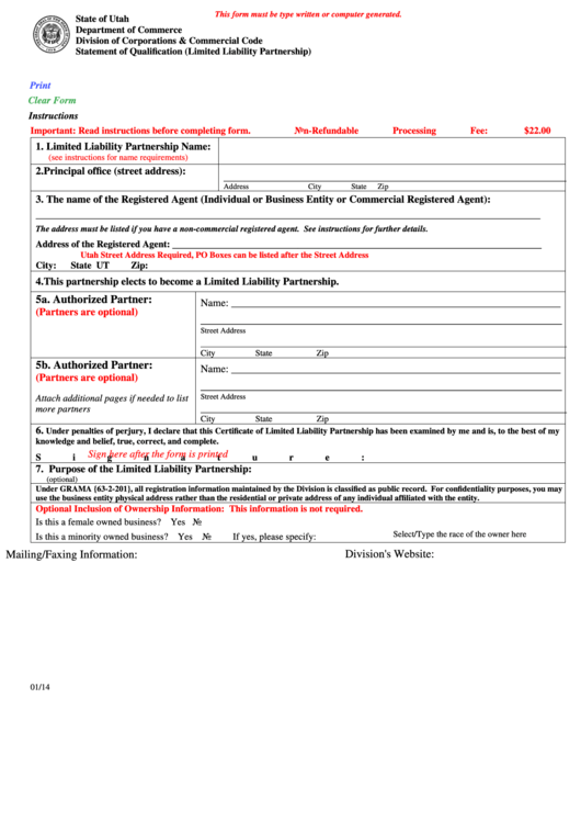 Fillable Statement Of Qualification (Limited Liability Partnership) Form - Department Of Commerce - 2014 Printable pdf