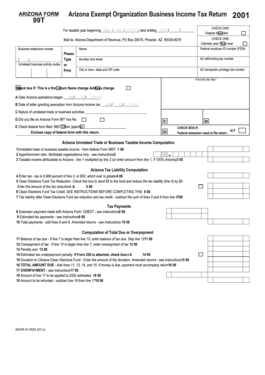 Arizona Form 99t - Arizona Exempt Organization Business Income Tax Return - 2001 Printable pdf