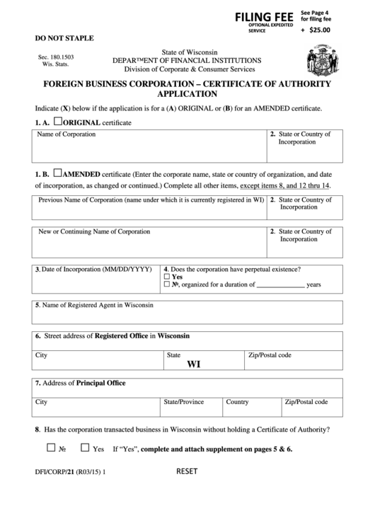 Fillable Form Dfi/corp/21 - Foreign Business Corporation - Certificate Of Authority Application - 2015 Printable pdf