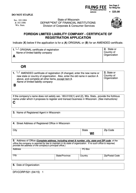 Fillable Form Dfi/corp/521 - Foreign Limited Liability Company - Certificate Of Registration Application Printable pdf