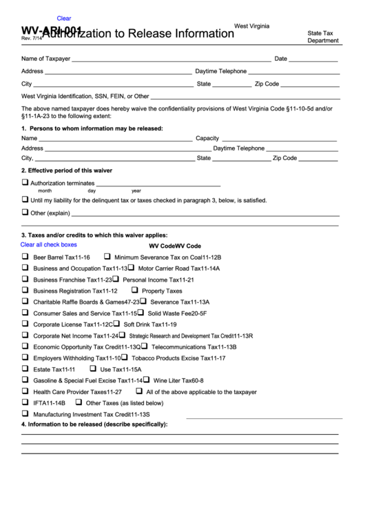 Fillable Form Wv-Ari-001 - Authorization To Release Information - 2014 Printable pdf