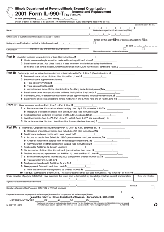 Form Il-990-T - Exempt Organization Income And Replacement Tax Return - 2001 Printable pdf