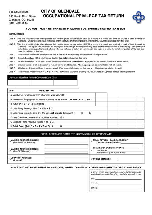 City Of Glendale 950 South Birch Street Occupational Privilege Tax Return Form Printable pdf