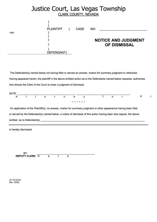 Fillable Form Jc-10 - Form For Notice And Judgment Of Dismissal Printable pdf