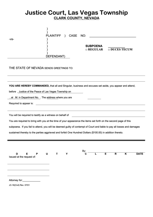 Fillable Form Jc-16 - Subpoena Form Printable pdf