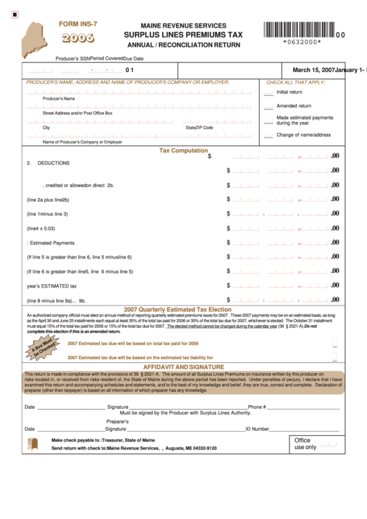 Form Ins-7 - Surplus Lines Premiums Tax Annual / Reconciliation Return - 2006 Printable pdf