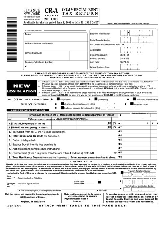 Form Cr-A - Commercial Rent Tax Return - 2001/02 Printable pdf