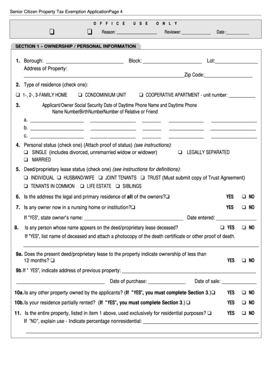 Senior Citizen Property Tax Exemption Application Form Printable pdf