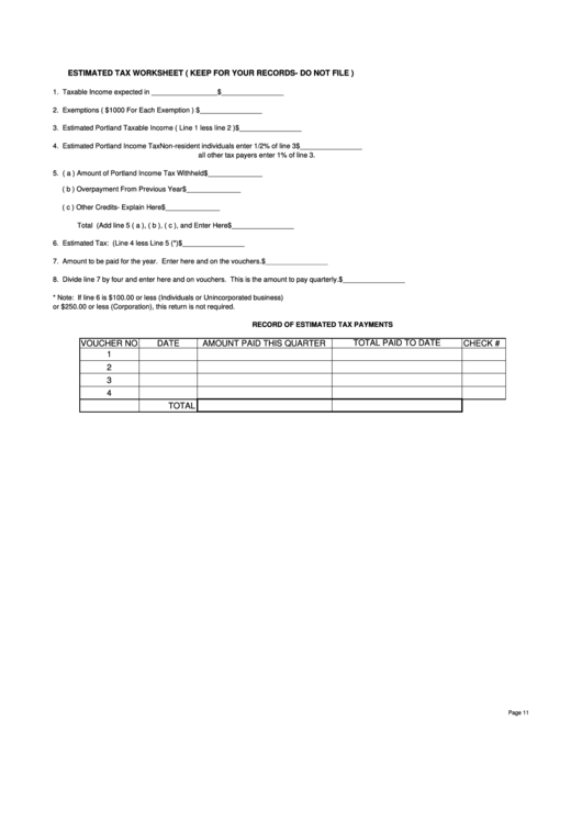 Estimated Tax Worksheet, Form P-1040es - Estimated Tax Declaration-Voucher For The Year 2015 Printable pdf