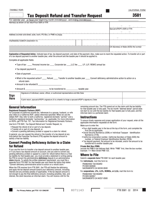 Fillable California Form 3581 - Tax Deposit Refund And Transfer Request - 2014 Printable pdf
