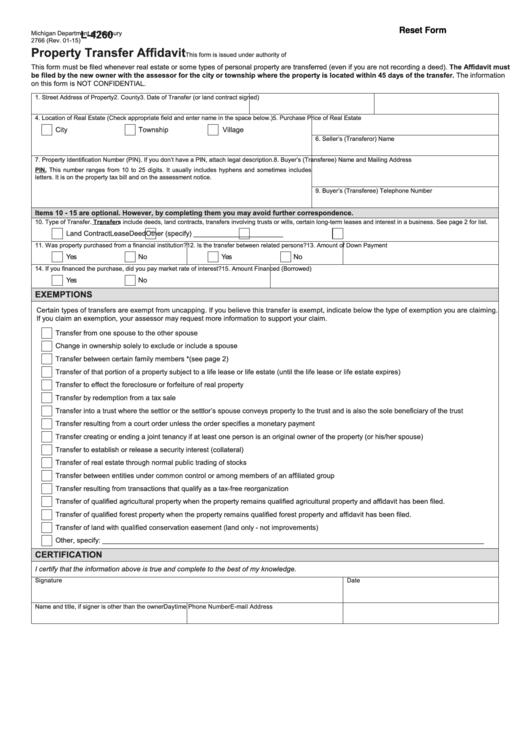 Fillable Form L-4260 - Property Transfer Affidavit Printable pdf