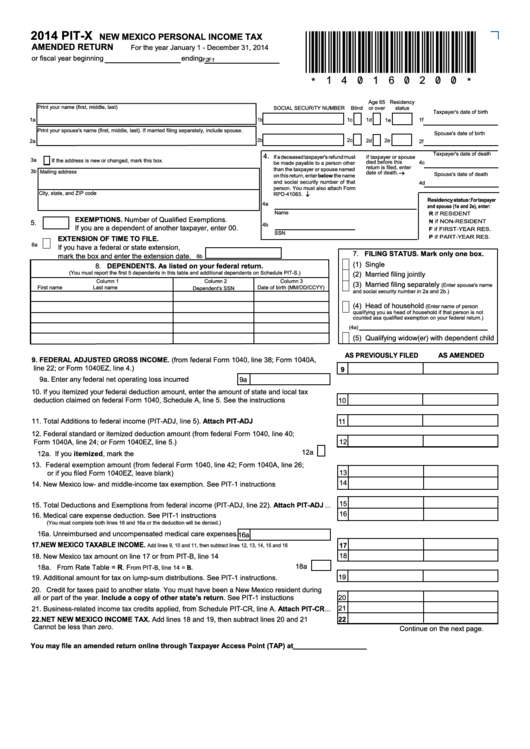 Form Pit-X - New Mexico Personal Income Tax Amended Return - 2014 Printable pdf