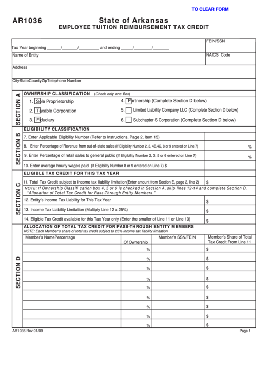 Fillable Form Ar1036 - Employee Tuition Reimbursement Tax Credit - 2009 Printable pdf
