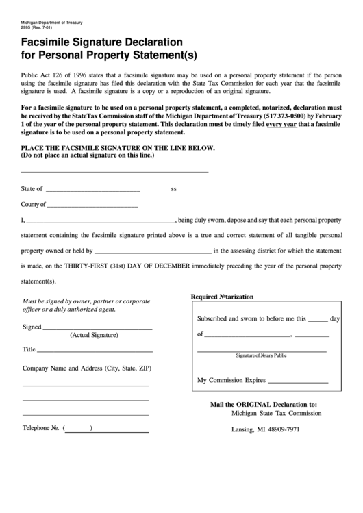 Facsimile Signature Declaration For Personal Property Statement(S) Form Printable pdf