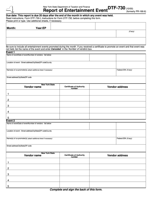 Form Dtf-730 - Report Of Entertainment Event Form - State Of New York Printable pdf