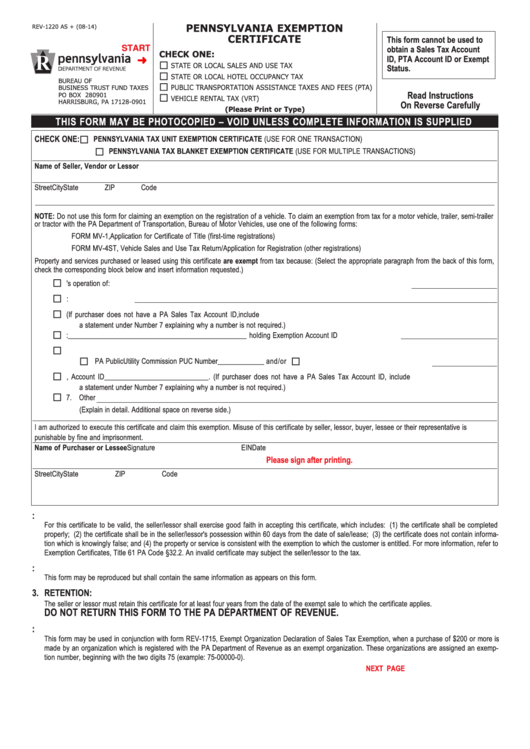 Fillable Form Rev-1220 As + - Pennsylvania Exemption Certificate - 2014 printable pdf download