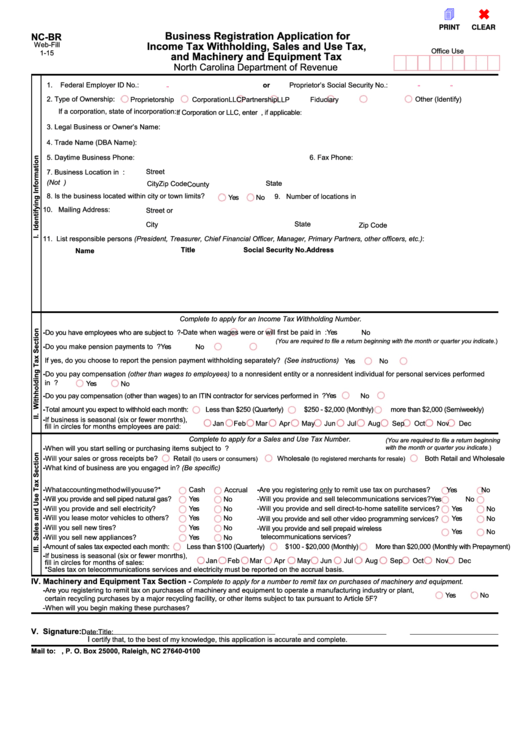 Fillable Form Nc-Br - Business Registration Application For Income Tax Withholding, Sales And Use Tax, And Machinery And Equipment Tax Printable pdf