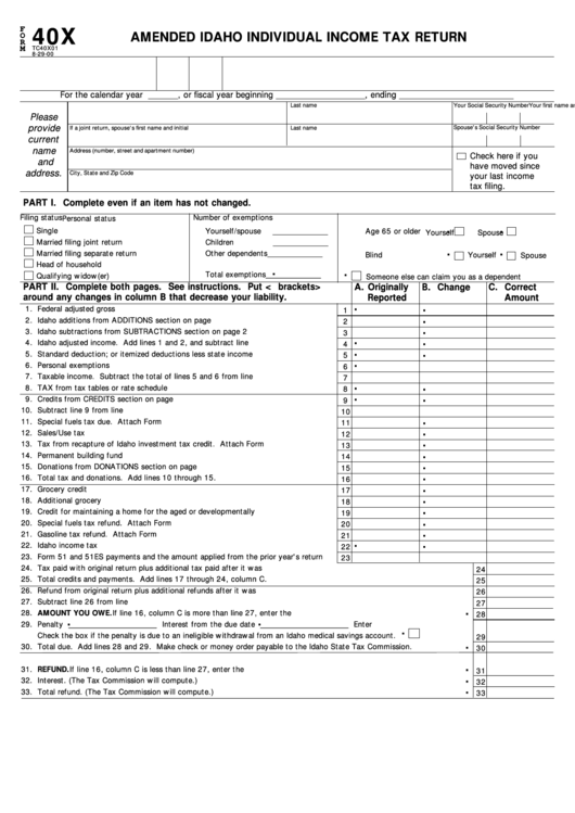 Fillable Form 40x - Amended Idaho Individual Income Tax Return - 2000 Printable pdf