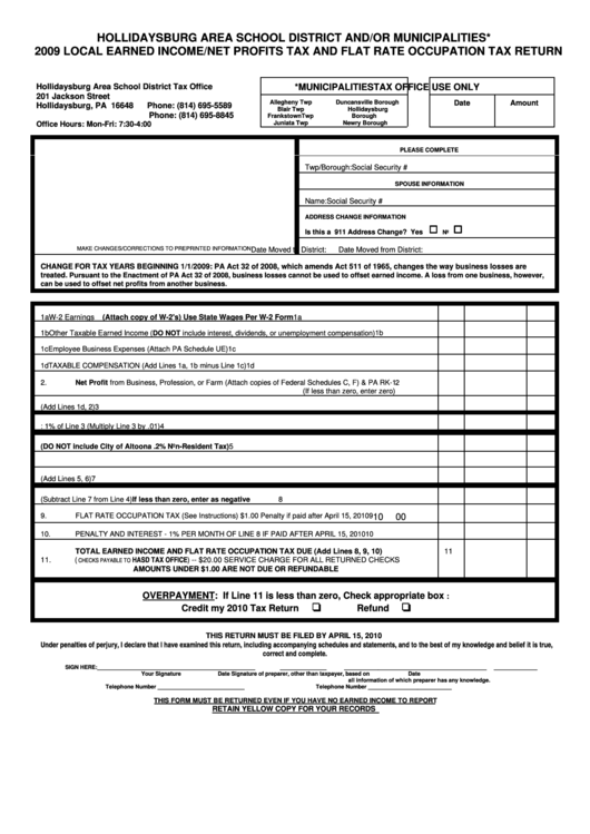 2009 Local Earned Income/net Profits Tax And Flat Rate Occupation Tax Return - Hollidaysburg Area School District Tax Office Printable pdf