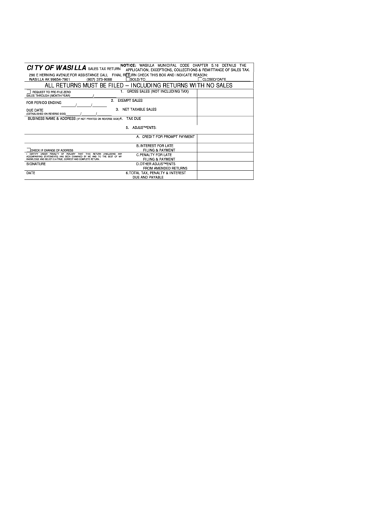 City Of Wasilla Sales Tax Return Form State Of Alaska printable pdf