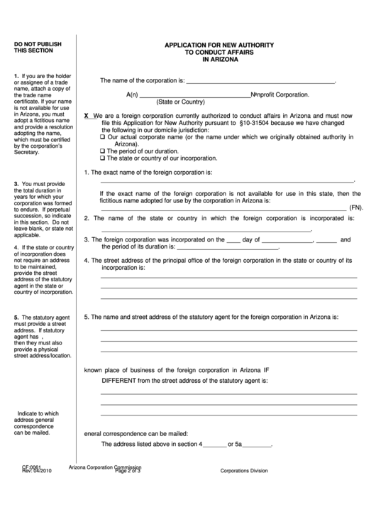 Form Cf:0061 - Application For New Authority To Conduct Affairs In Arizona - 2010 Printable pdf