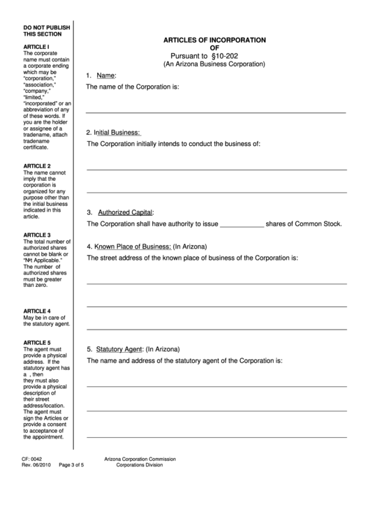 Form Cf: 0042 - Articles Of Incorporation Of Pursuant To A.r.s. 10-202 - 2010 Printable pdf