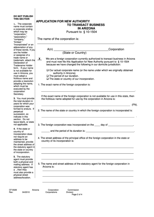 Form Cf:0026 - Application For New Authority To Transact Business In Arizona - 2010 Printable pdf