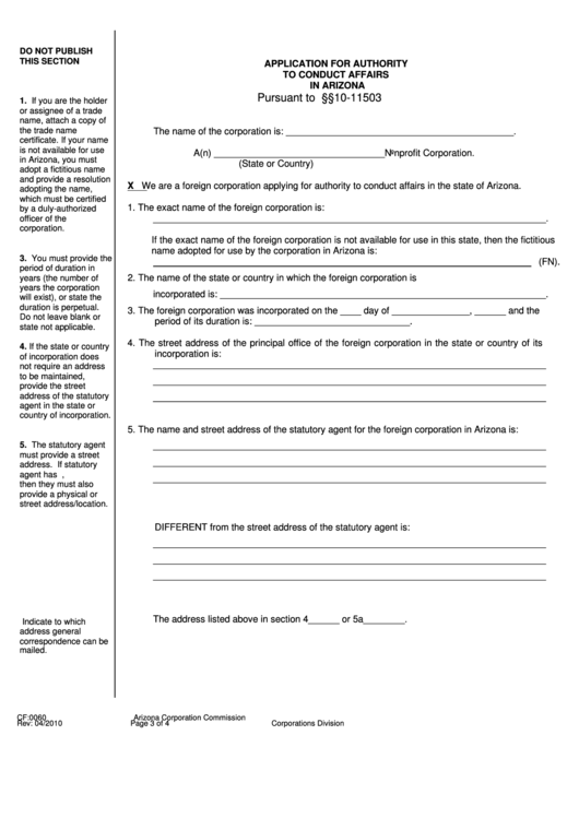 Form Cf:0060 - Application For Authority To Conduct Affairs In Arizona - 2010 Printable pdf