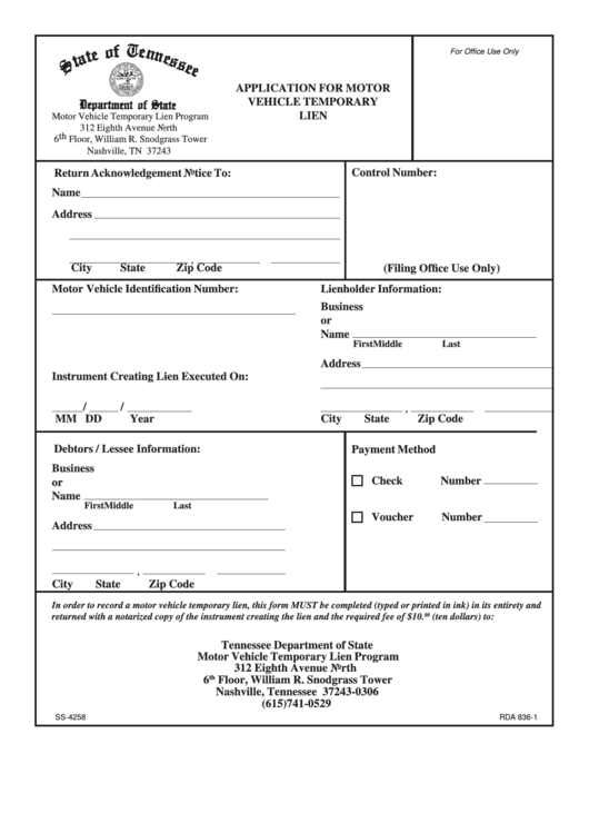 Fillable Form Ss-4258 - Application For Motor Vehicle Temporary Lien Printable pdf