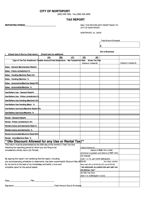 Fillable Tax Report Form - City Of Northport Printable pdf