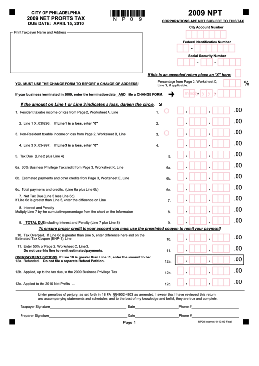Form Npt - Net Profits Tax - City Of Philadelphia - 2009 Printable pdf