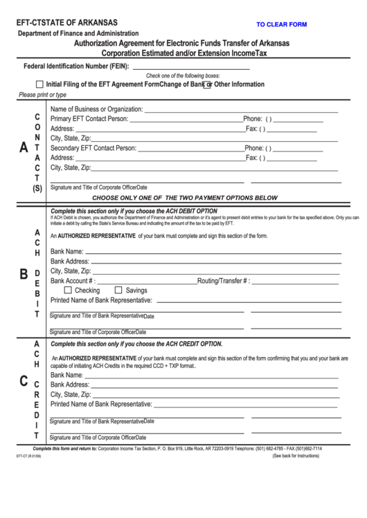 Fillable Form Eft-Ct - Authorization Agreement For Electronic Funds Transfer Of Arkansas Corporation Estimated And/or Extension Incometax Printable pdf