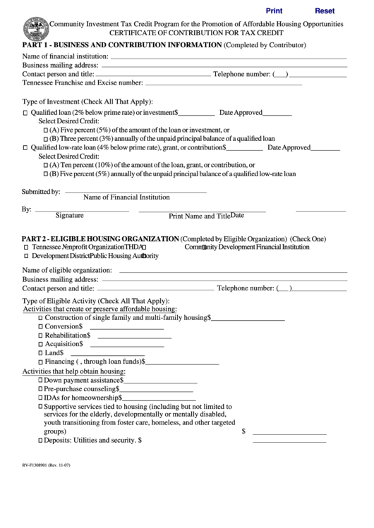 Fillable Form Rv-F1308901 - Certificate Of Contribution For Tax Credit Form Printable pdf