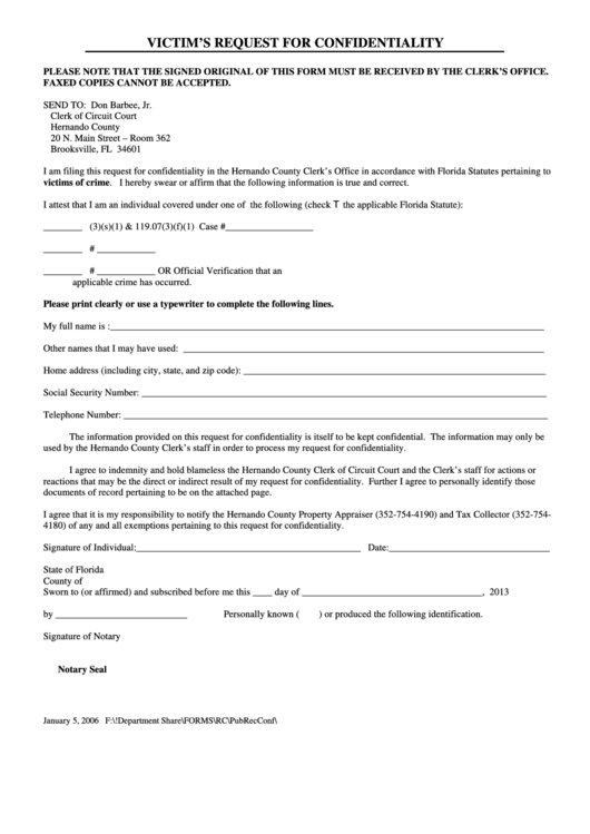 Victims Request For Confidentiality Form Florida Printable Pdf Download 6983