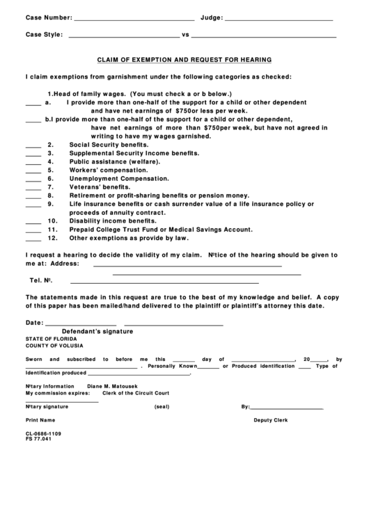 Fillable Form Cl-0686-1109 - Claim Of Exemption And Request For Hearing - Volusia County, Florida Printable pdf
